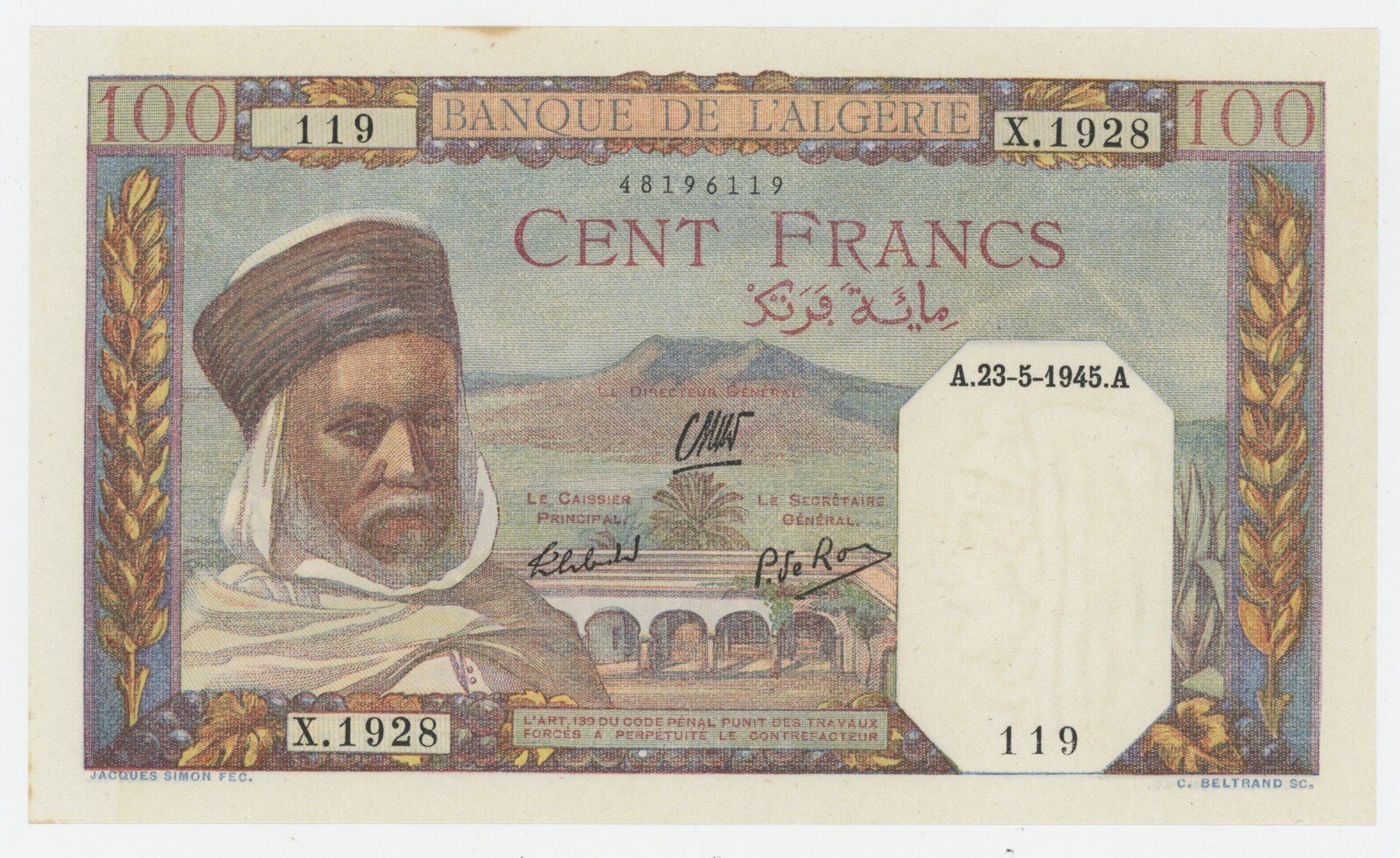 Algeria 100 Francs 23-5-1945 Pick 85 aUNC Almost Uncirculated Banknote Ref 119