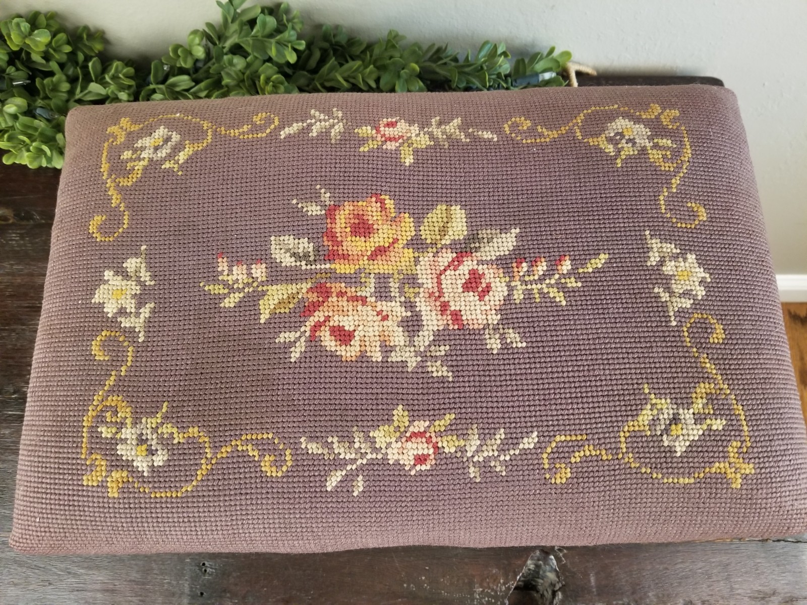 Antique Early 1900's Floral & Rose Needlepoint Wooden Footstool in Deep Mauve