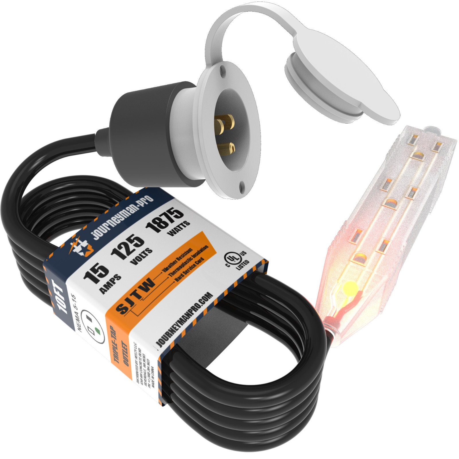 10 Foot 3-way multi outlet 15A Flanged Inlet Port Extension Cord Plug WHITE GCP1