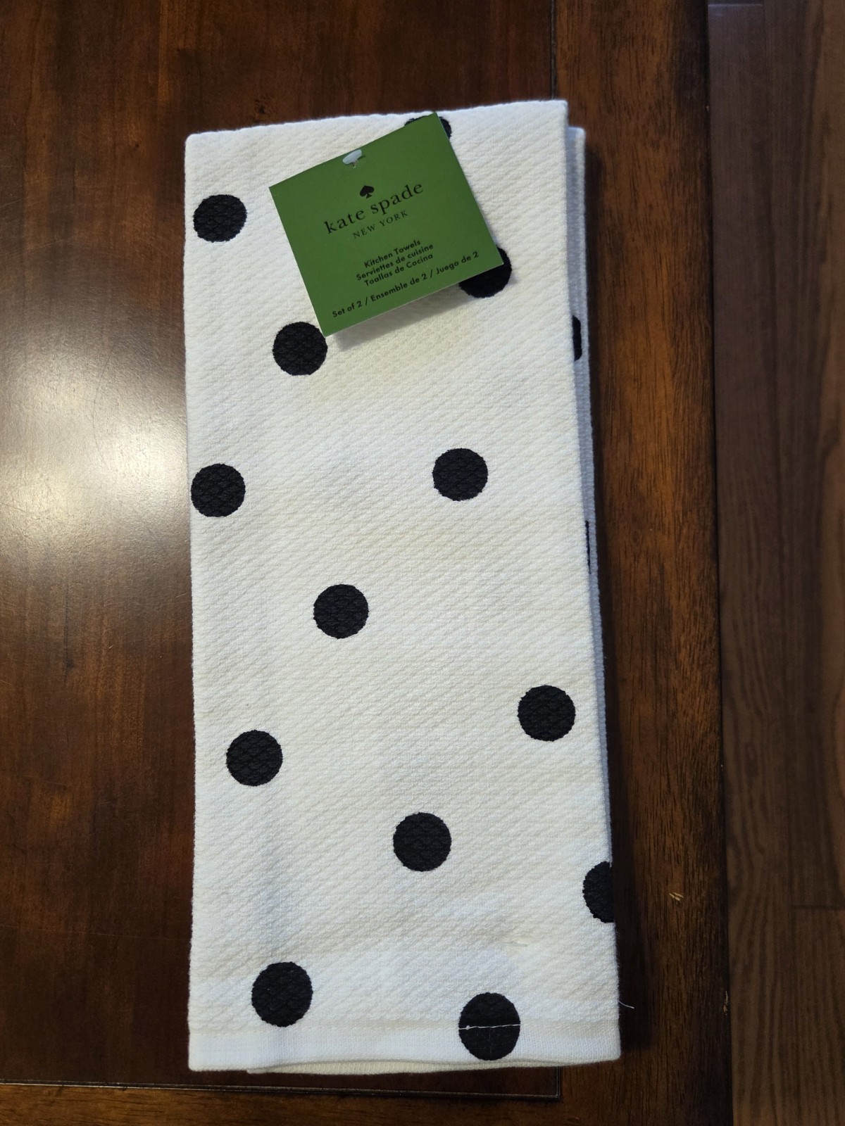 New Kate Spade 2 Piece Set White Black Polka Dot Cotton Kitchen Towel NWT
