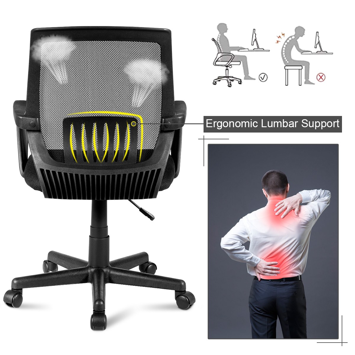 Mesh Office Chair Computer Desk Chair Lumbar Support w/Adjustable Rolling Swivel