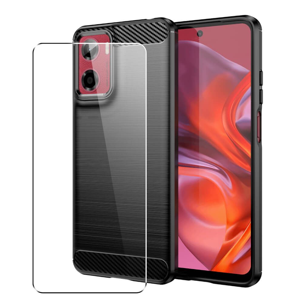 Carbon Case for Motorola Moto G05 / E15 Phone Cover + Glass Screen Protector Bla