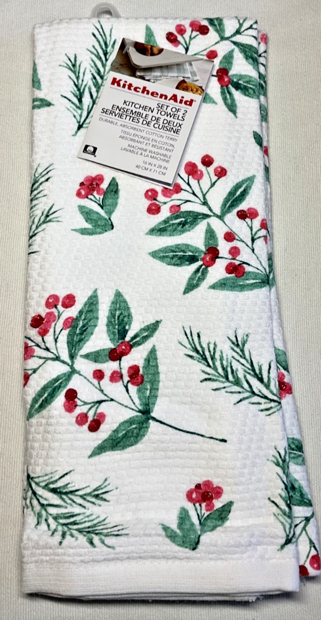 KITCHENAID KITCHEN TOWELS (2) RED GREEN BERRIES 16 X 28 100%  COTTON TERRY NIP
