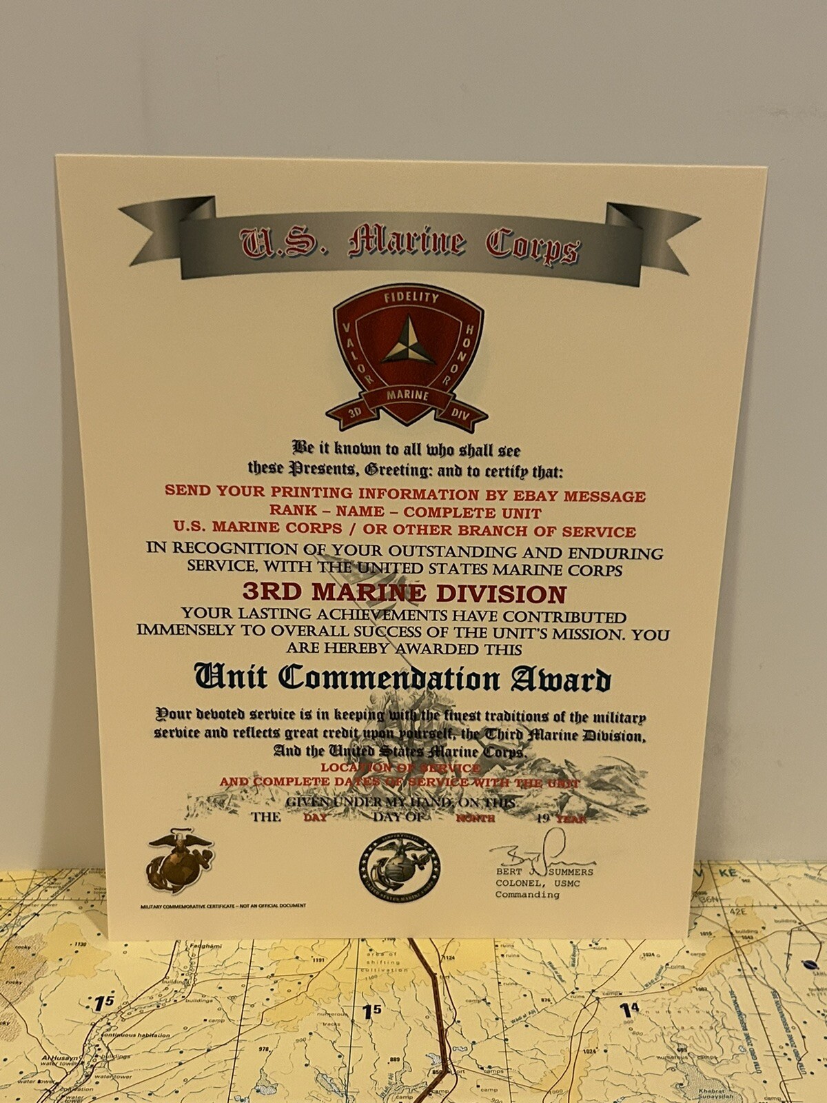 U.S.M.C. / 3RD MARINE DIVISION ~ UNIT COMMENDATION AWARD / CERTIFICATE