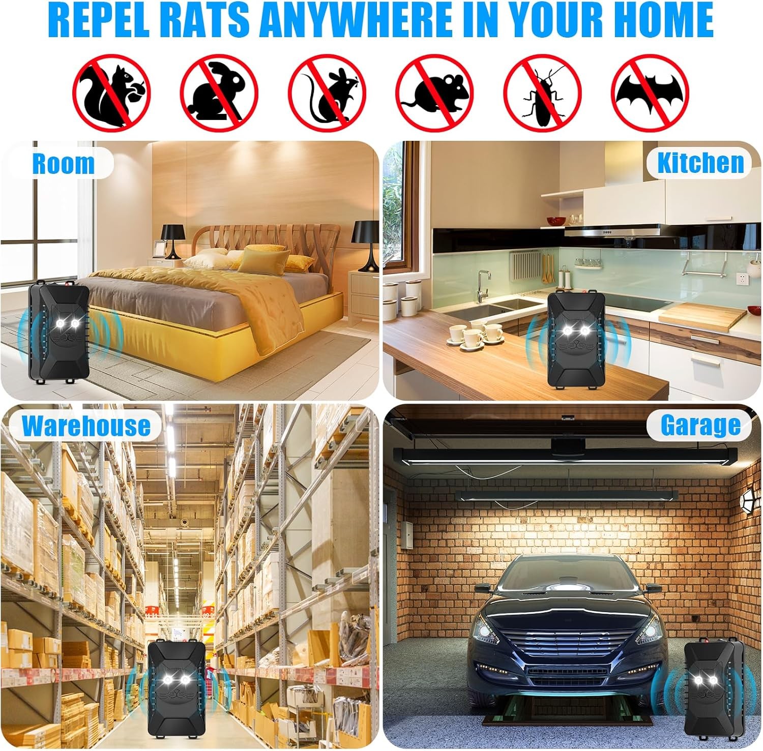 4PK Ultrasonic Mouse Repellent - Car/Indoor, Strobe Light, Battery Power