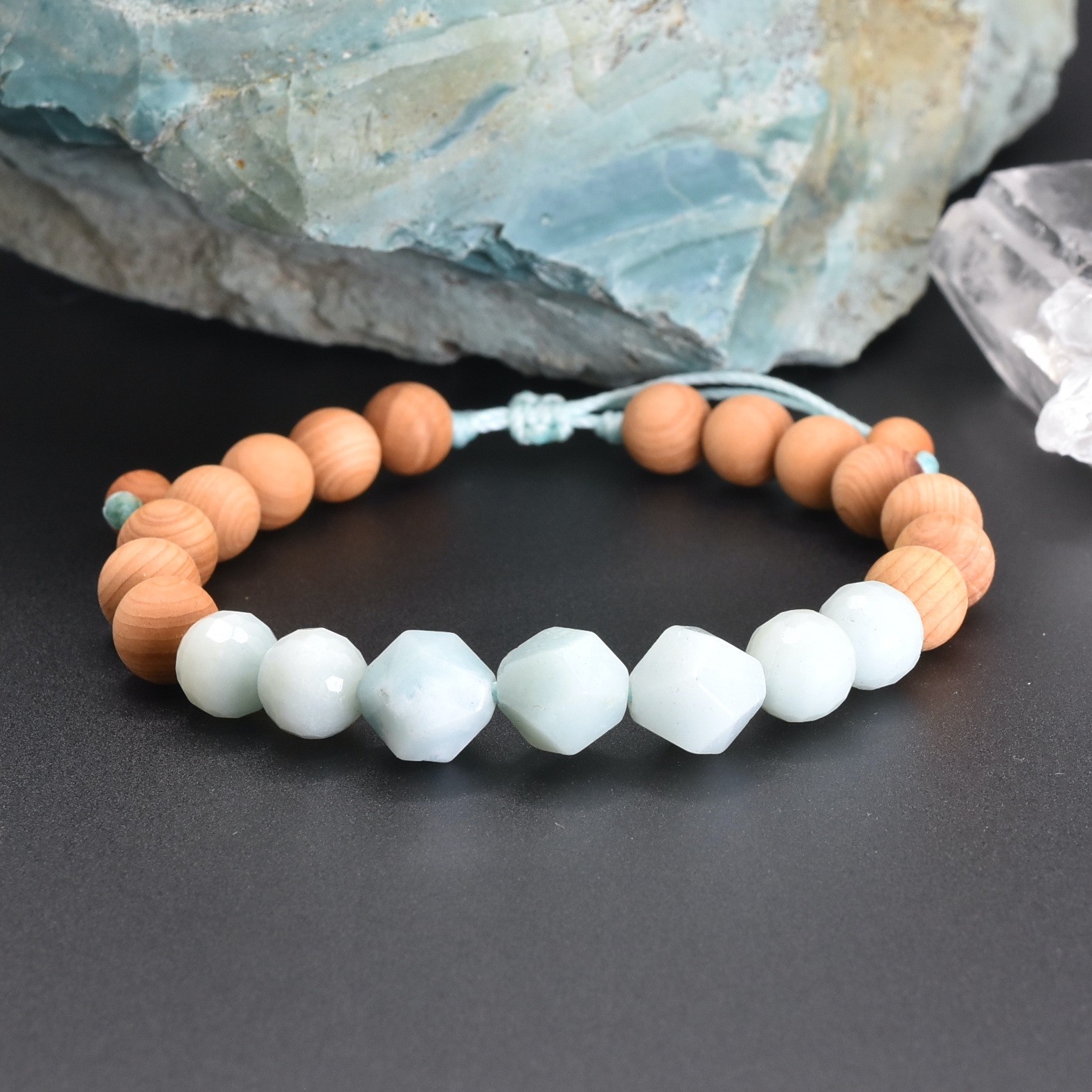 Amazonite Diffuser Wooden Bracelet. Crystals "For Compassion & Love"