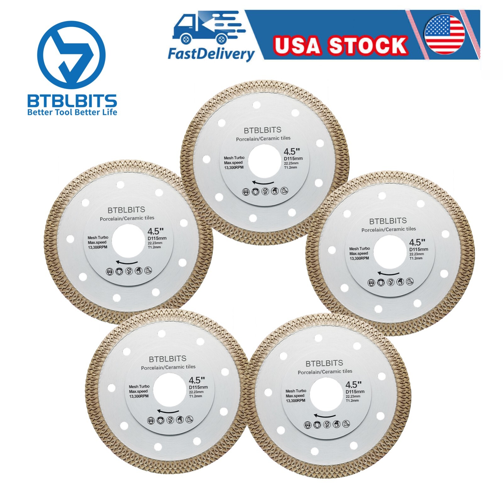 5pcs 4.5'' 115mm Diamond Mesh Turbo Angle Grinder Saw Blade for Porcelain Tile
