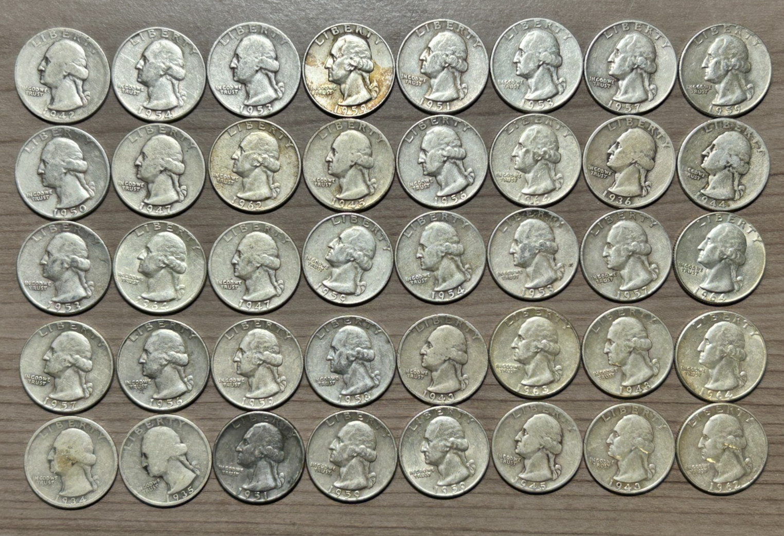 40 Washington Quarter Lot 90% Silver $10 Face Value Assorted Date/Condition LotA