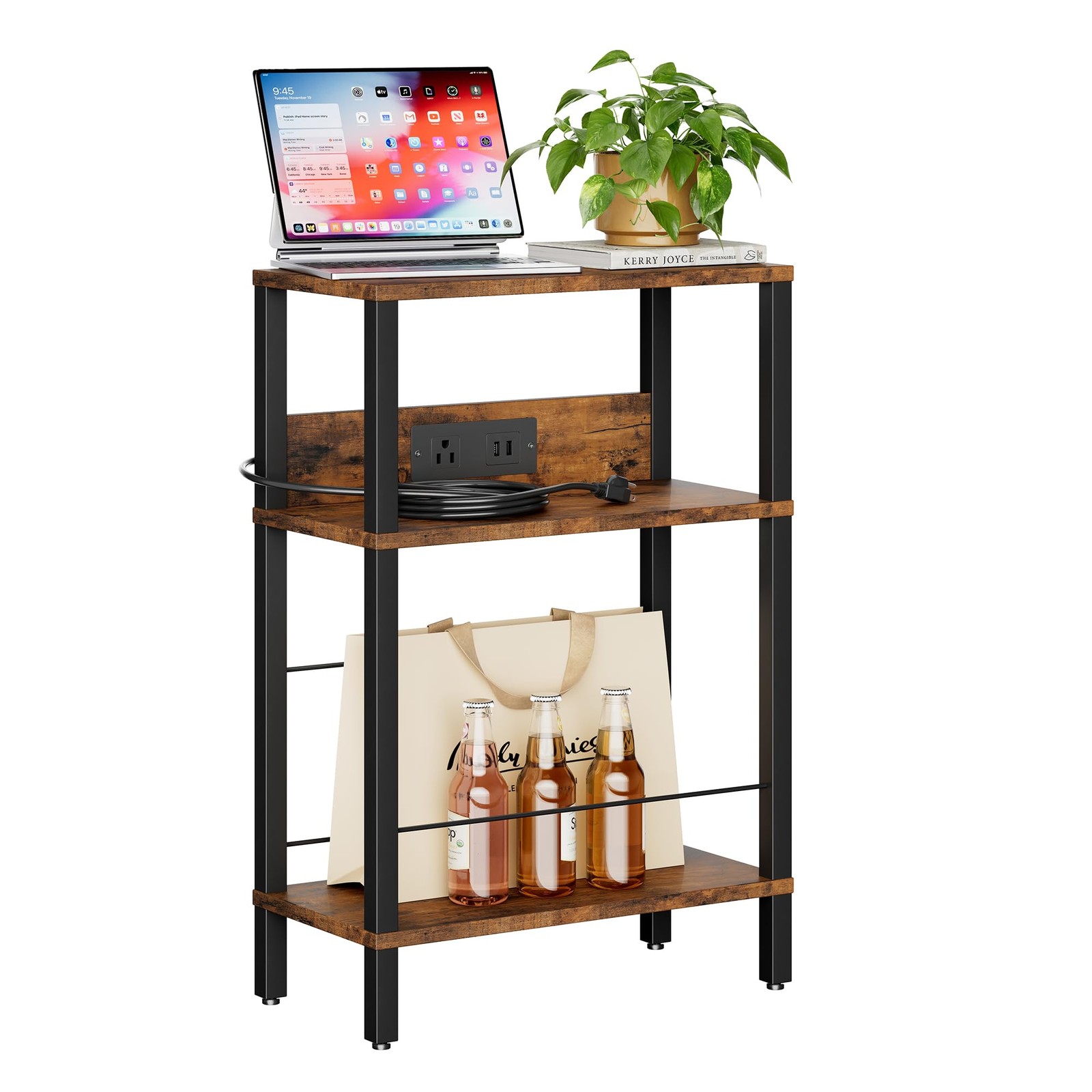 Narrow Side Table (Rustic Brown) - Nightstand with Charging Station (2 USB + ...