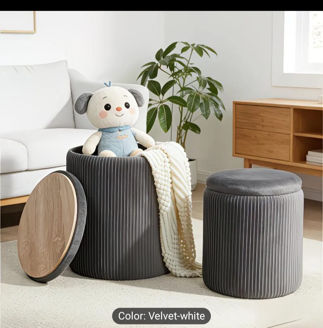 Round Modern Ottoman With Storage Of 2 Multifunctional Grey & Crease Lines