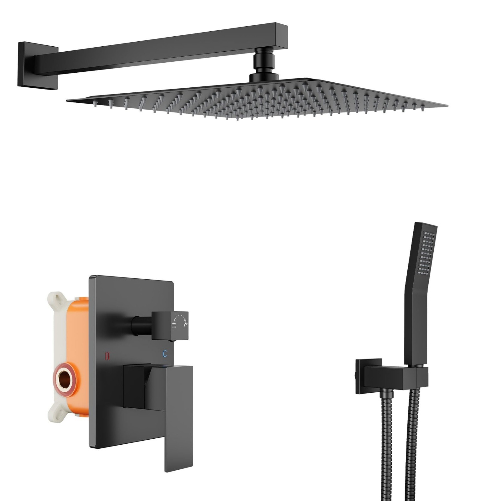 12 Inch Rain Shower Head System 2-Function Wall Mounted Shower Faucet w/Handheld