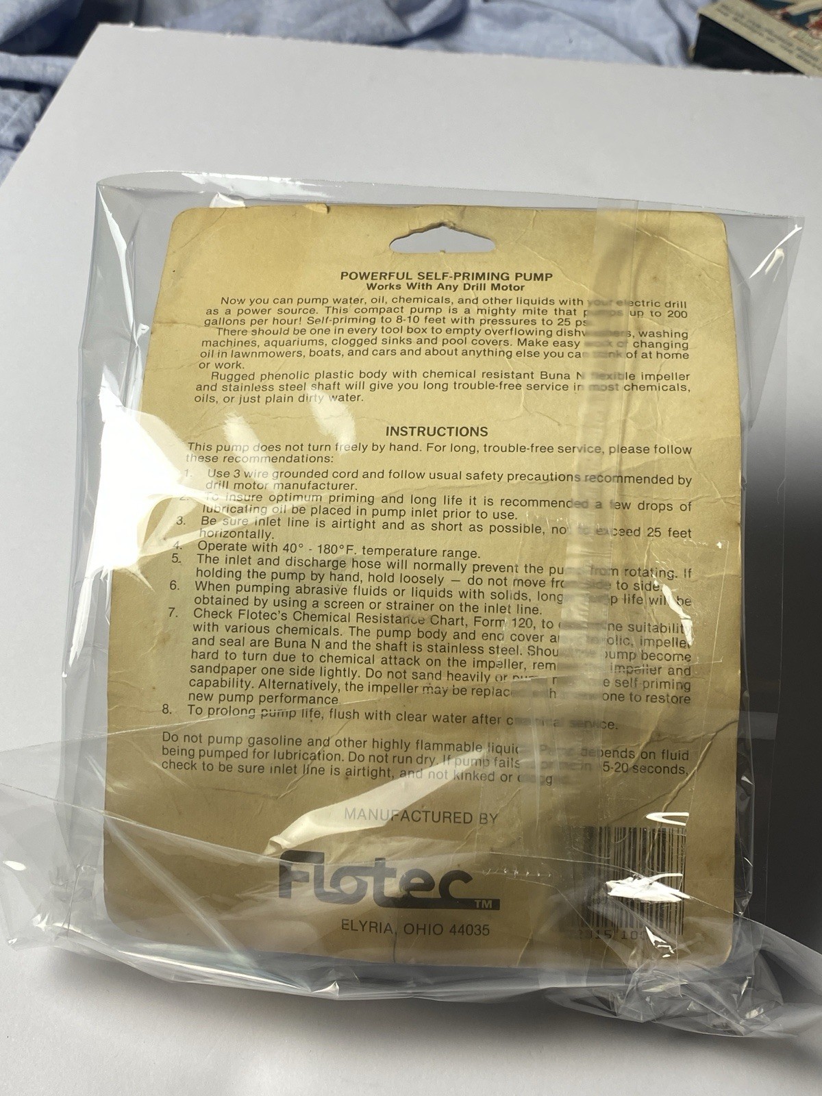 Vtg Flotec Drill Pump Unit Hose Connections L-201 USA NOS Elyria Ohio