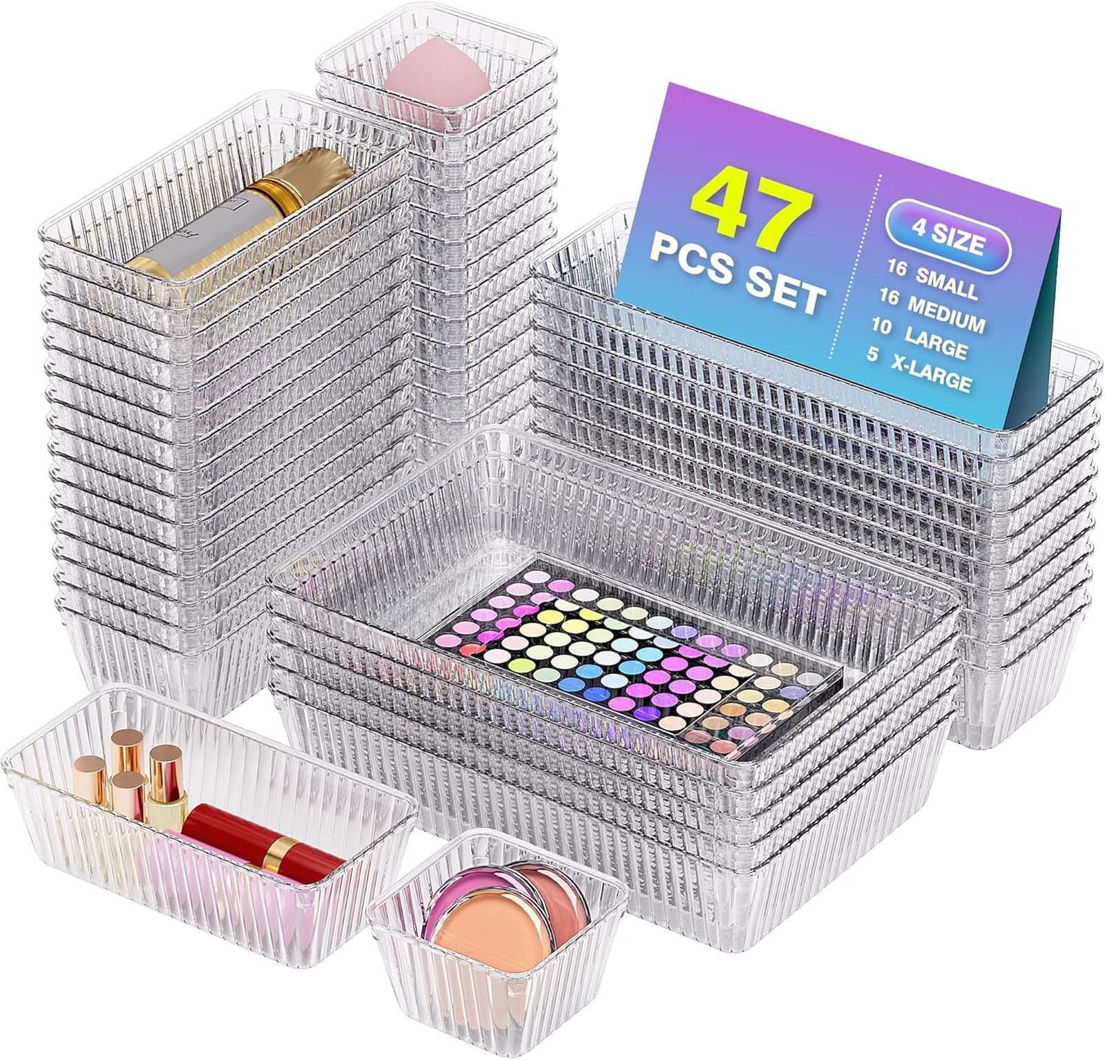 47 Piece Clear Plastic Drawer Organizer Set with 4 Sizes Makeup Jewelry Storage
