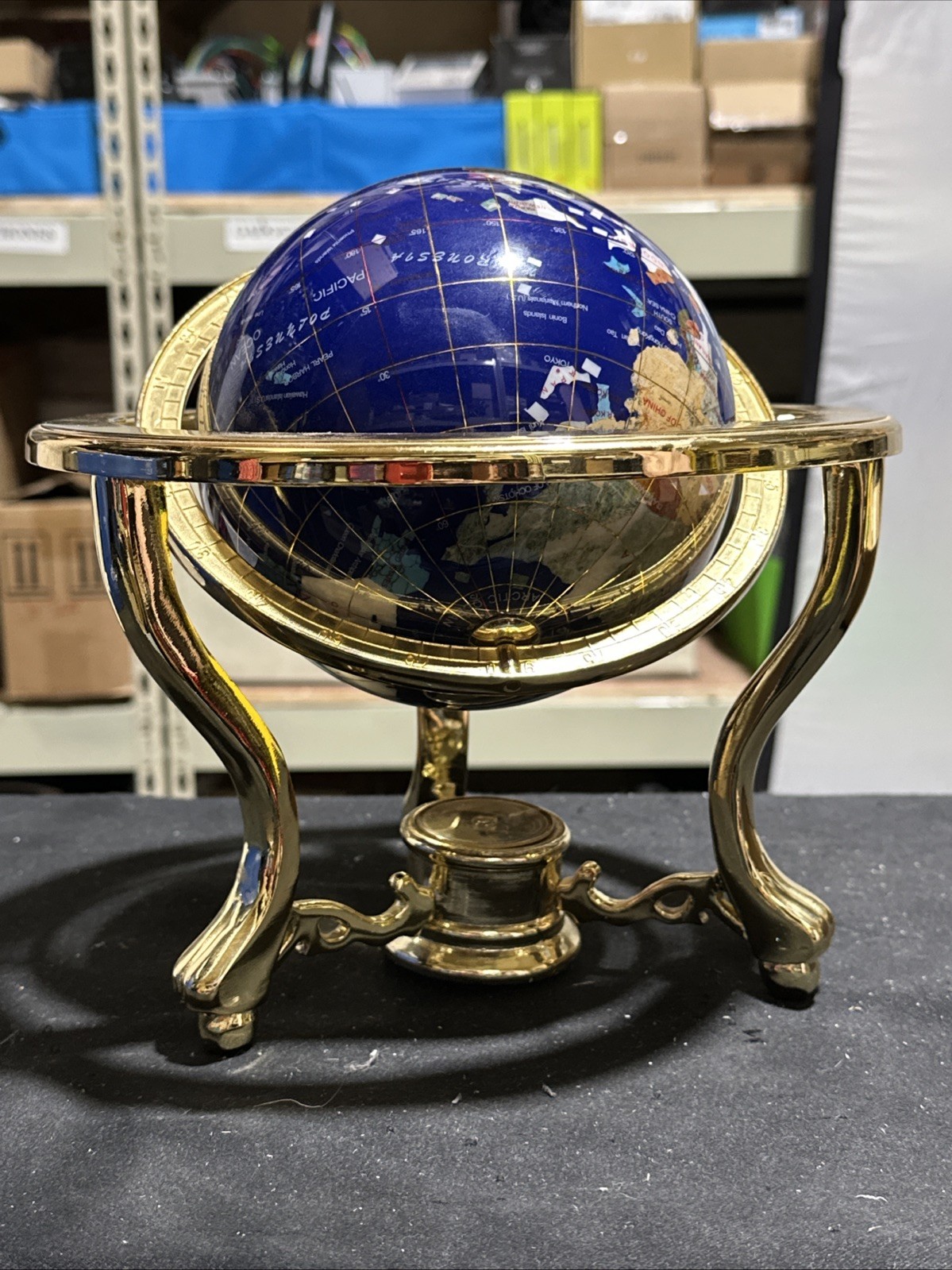 Blue Lapis Tabletop Globe, Rotating, compass, Gold-Finish tripod Base