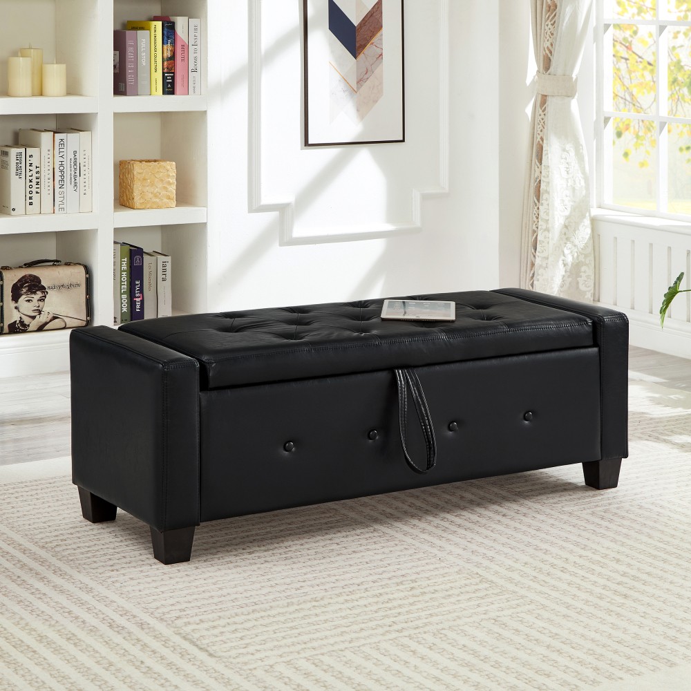 48-inch Storage Stool W Storage Function Faux Leather Quilted Upholstered Stool