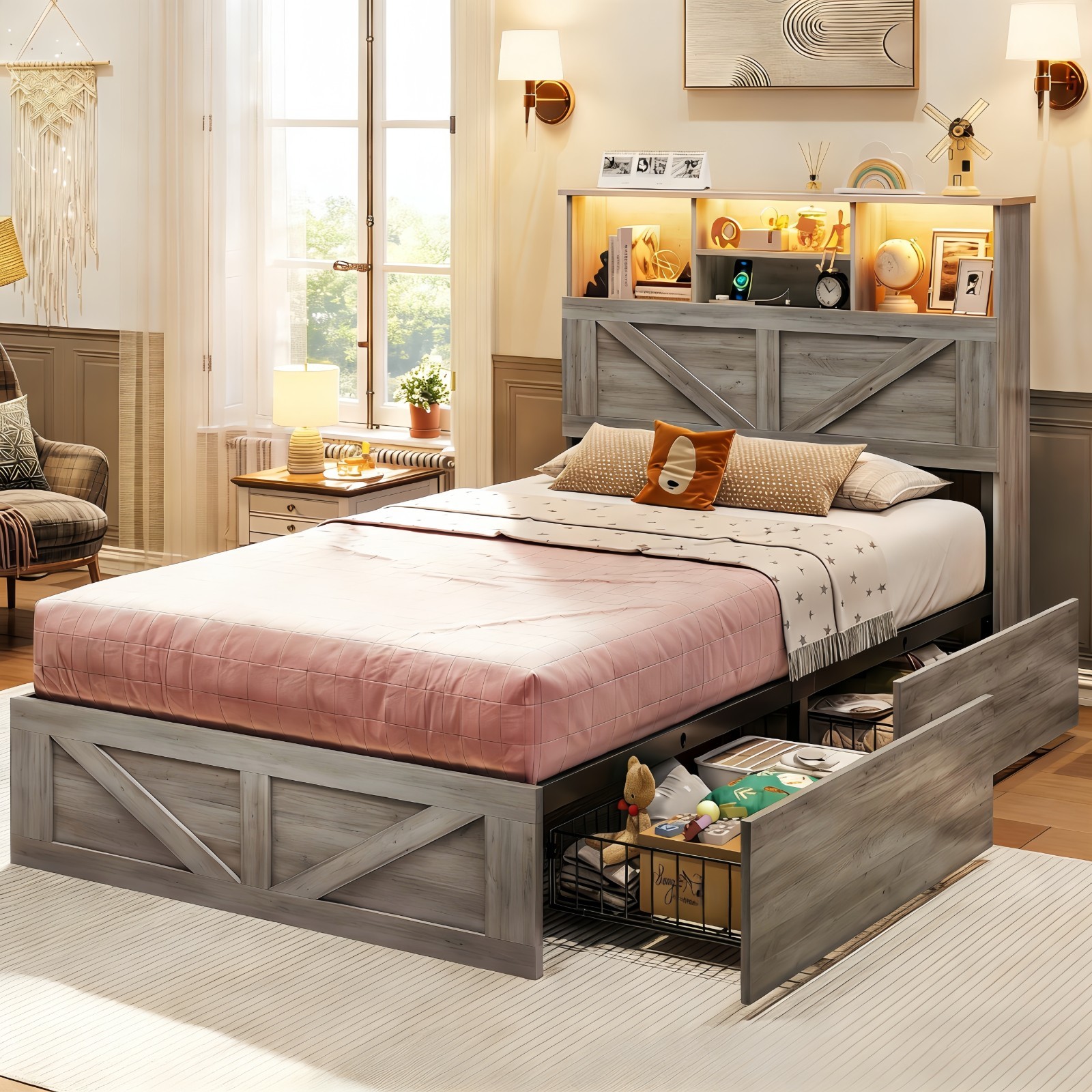 Farmhouse Wooden Bed Frame T/F/Q/K Size with Bookcase Headboard &Storage Drawers