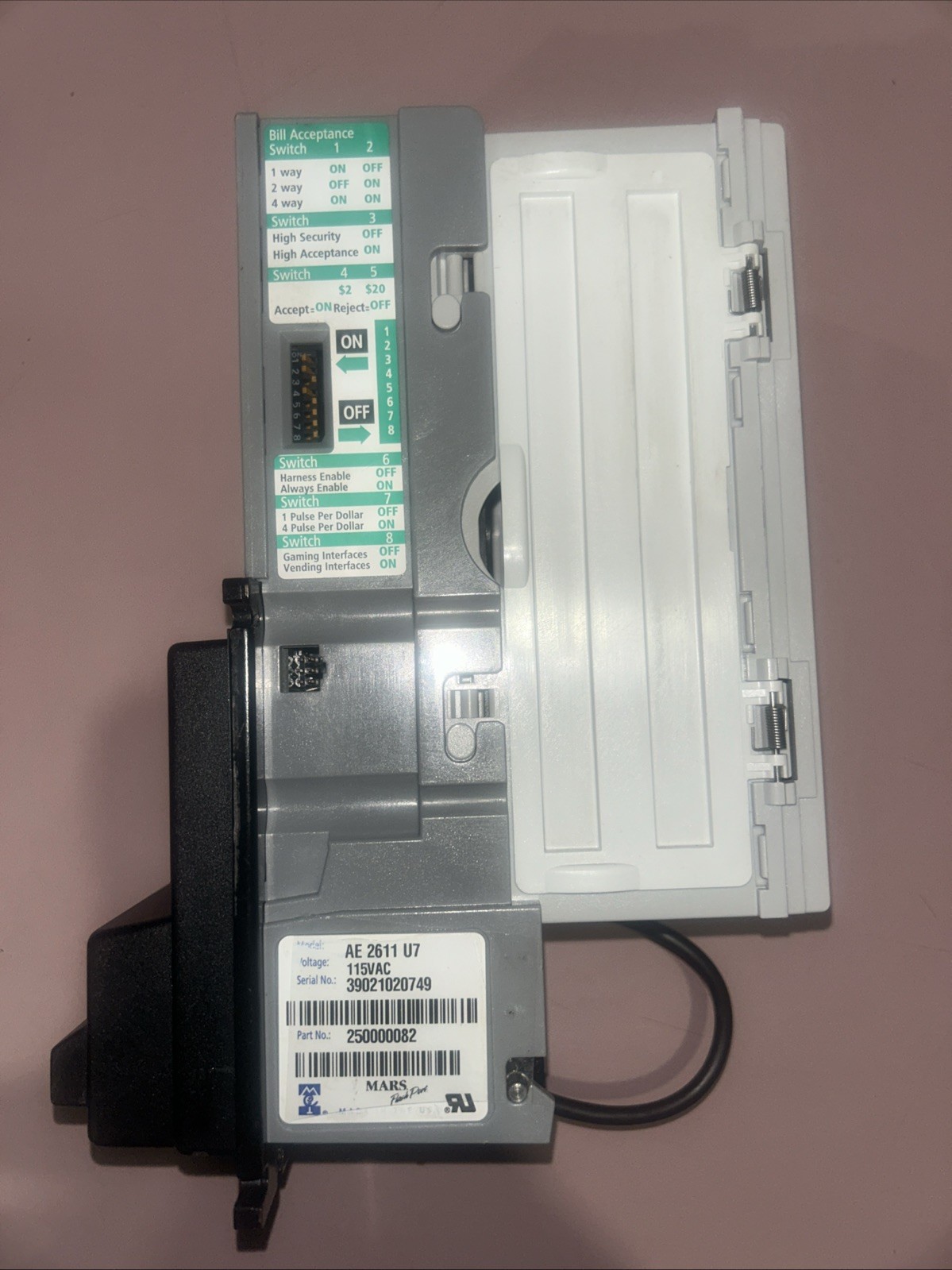 Mars AE261 U7  Bill Validator Acceptor Amusement Gaming 120v      accepts $1-$20