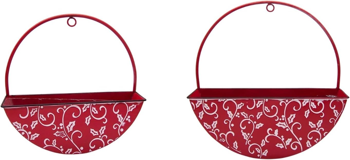 Napco Red Holly Wall Planters Set 2 Christmas Hanging Metal Decor Liners