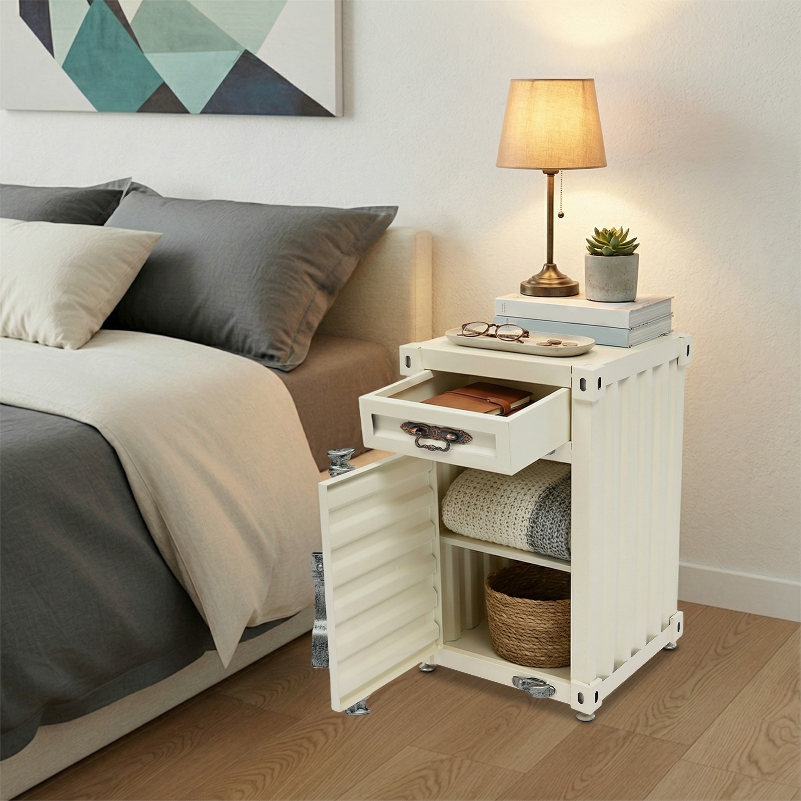 Industrial Metal Container Side Table with Drawer, Storage Cabinet for Bar