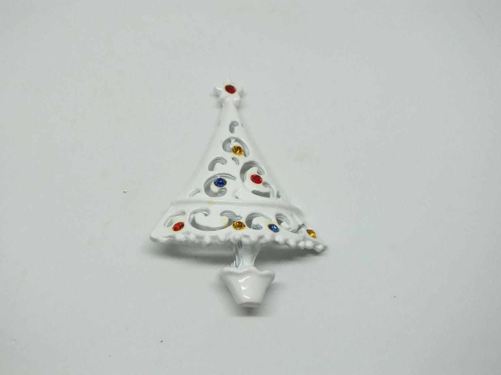 Beautiful Brooch Pin Christmas Tree White Enamel Colorful Rhinestones 2 1/4x1.5"