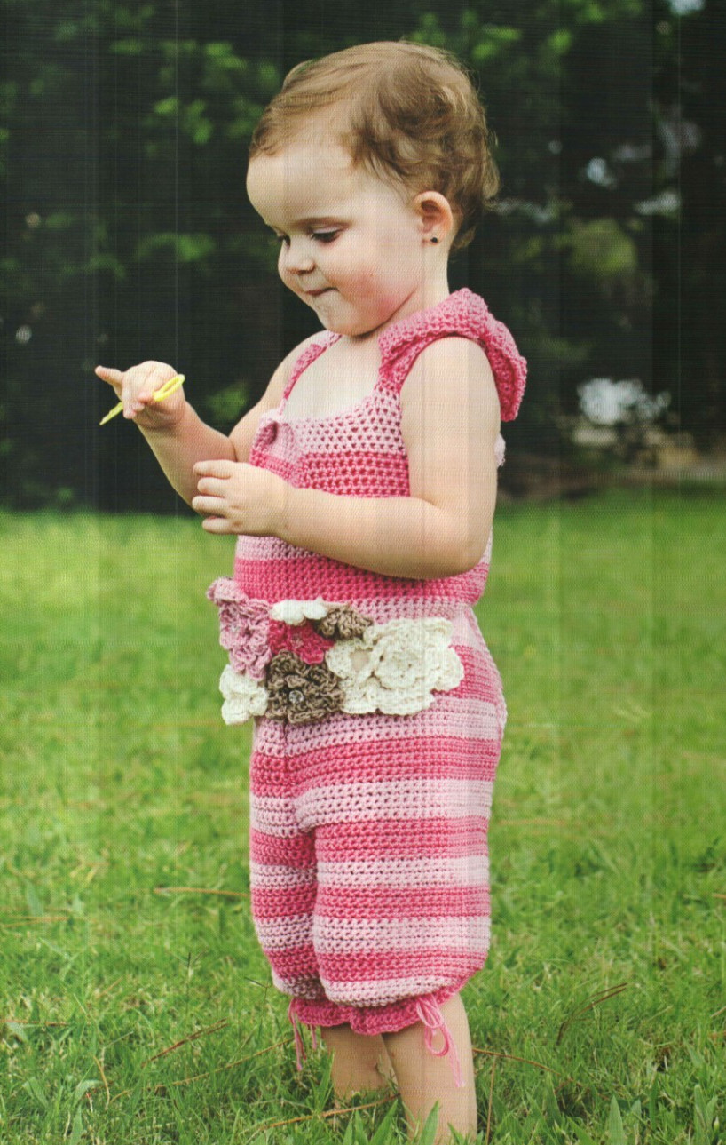 STRIPED ROMPER WITH FLOWER CUMMERBUND 2 GIRL SIZES CROCHET PATTERN INSTRUCTIONS
