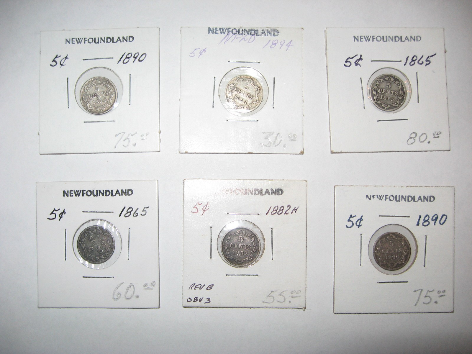 " Lot of 6 " Newfoundland 5 Cents 5C Silver Coins Queen Victoria Various Years