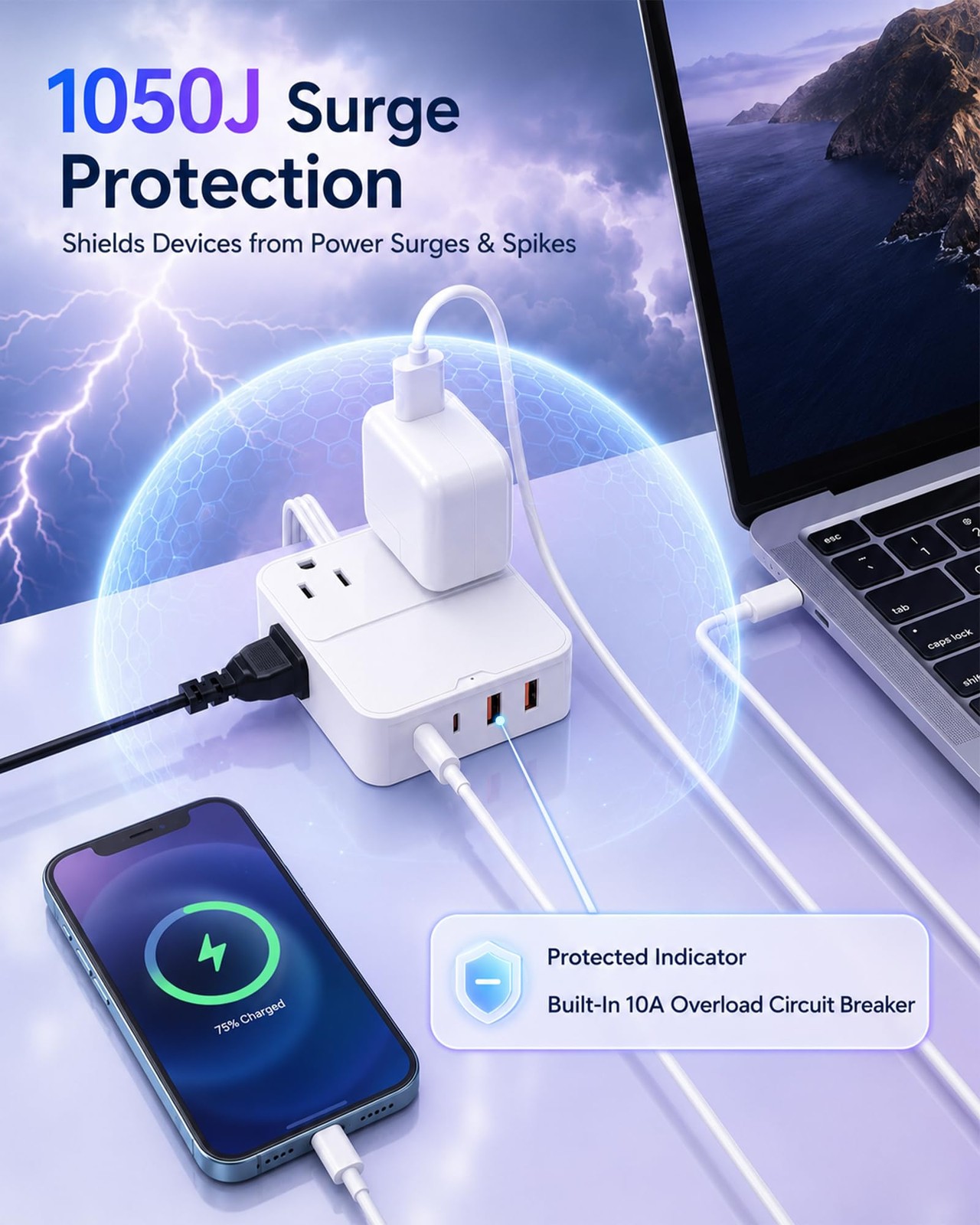 Surge Protector Power Strip: Multiple Outlets Extender with 6Ft Flat Plug Ext...