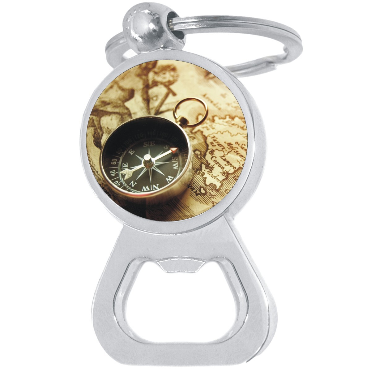 Old Compass and Map Bottle Opener Keychain - Metal Beer Bar Tool Key Ring