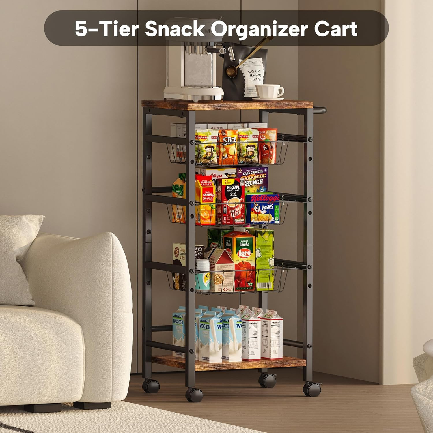 5-Tier Snack Organizer Cart with 3 Height Adjustable Pull-Out Baskets and 2 Stor