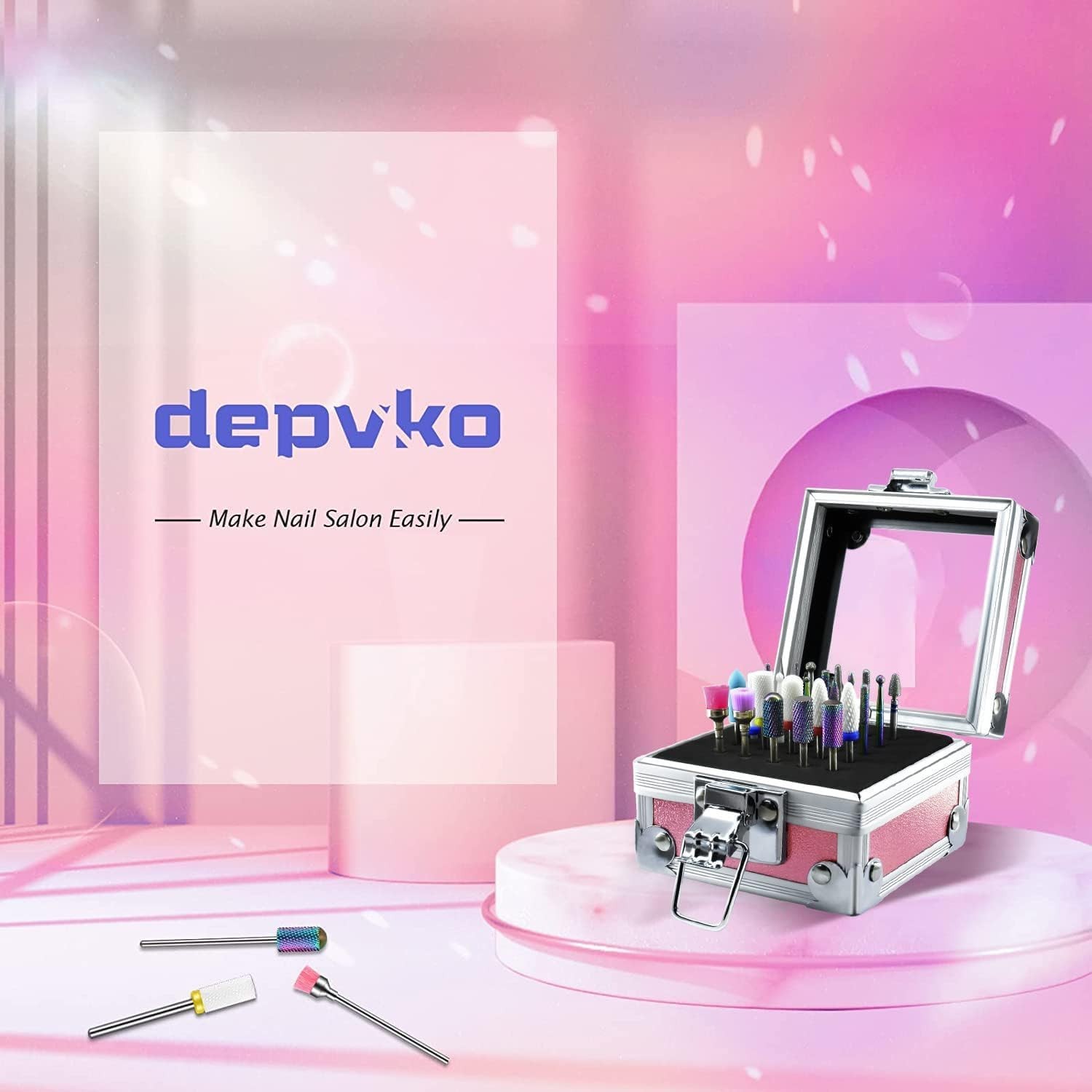 21Pcs Nail Drill Bits Set with Portable Pink Case, 3/32 Inch Drill Bits for N...