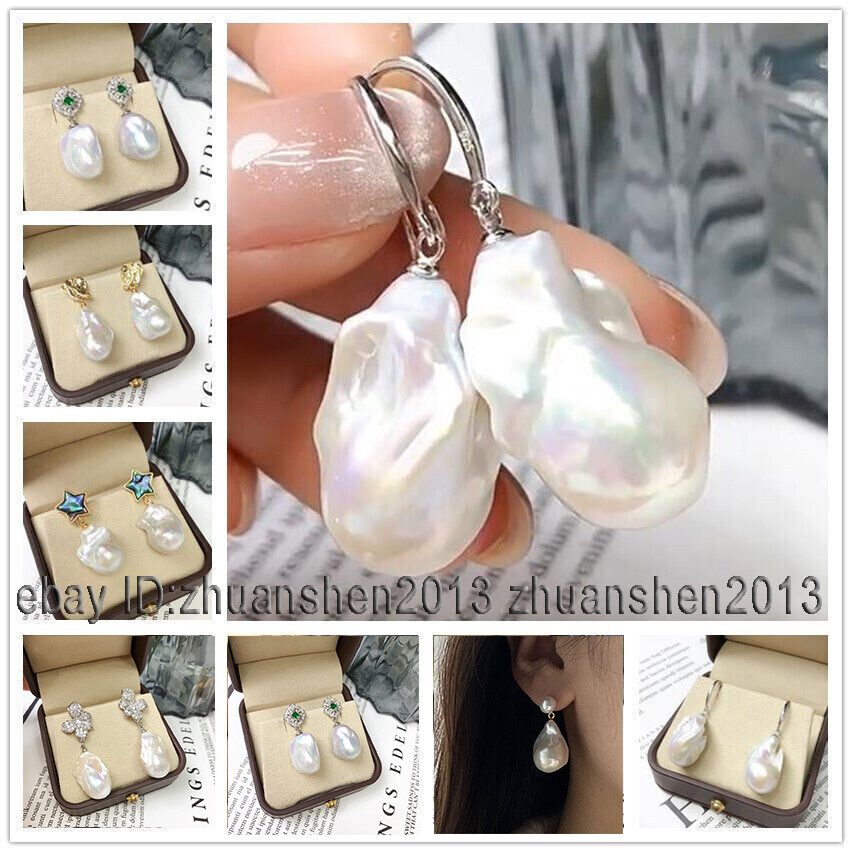 Natural South Sea White Baroque Keshi Pearl Beads Dangle Gold Hook Earrings AAA