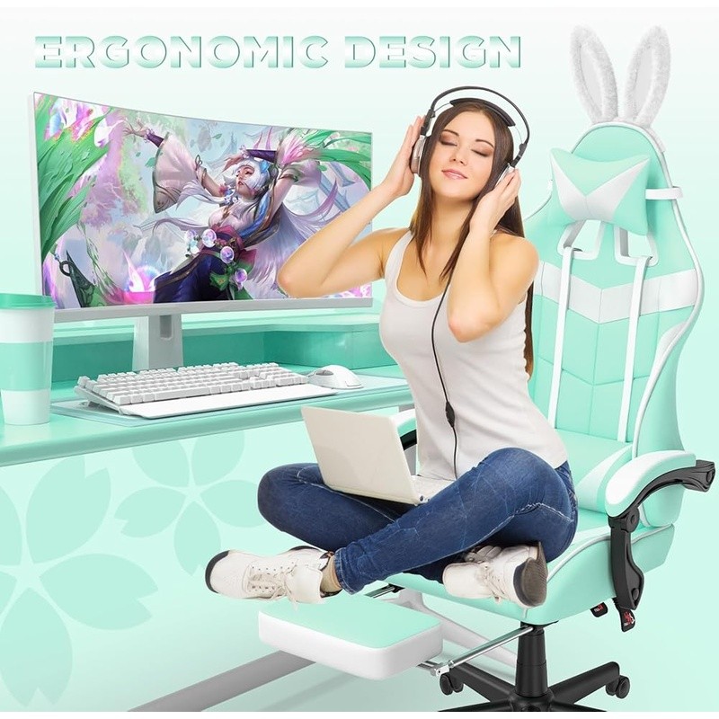 Cute Gaming Chair Removable Bunny Ears Ergonomic Design Adjustable Comfort New