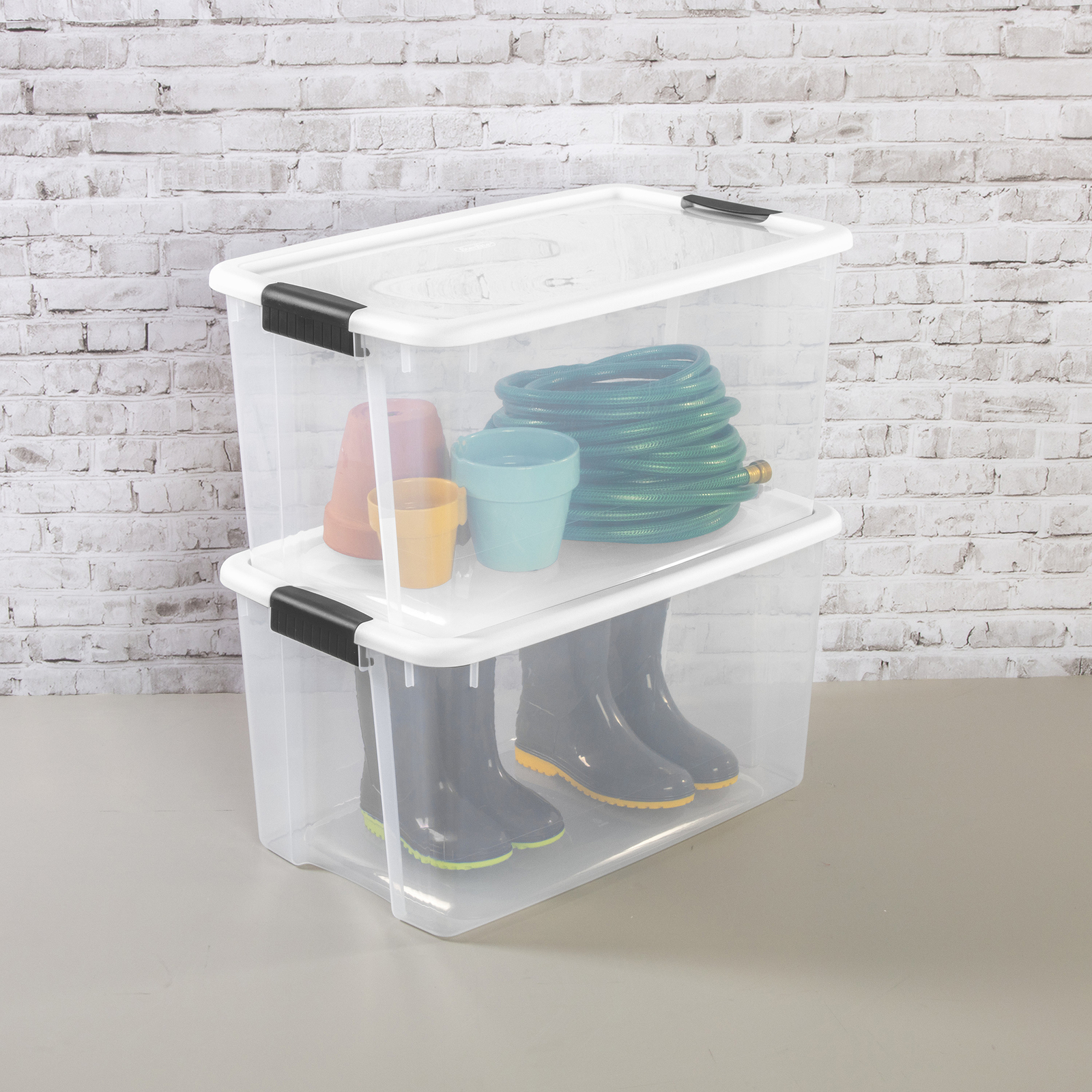 Sterilite 70 Qt Clear Plastic Stackable Storage Bin w/ White Latch Lid, 16 Pack