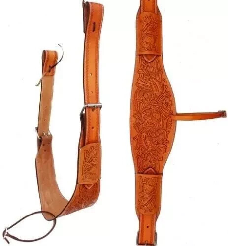 Western Elegance: Horse Floral-Tooled Leather Rear Flank Saddle Cinch.