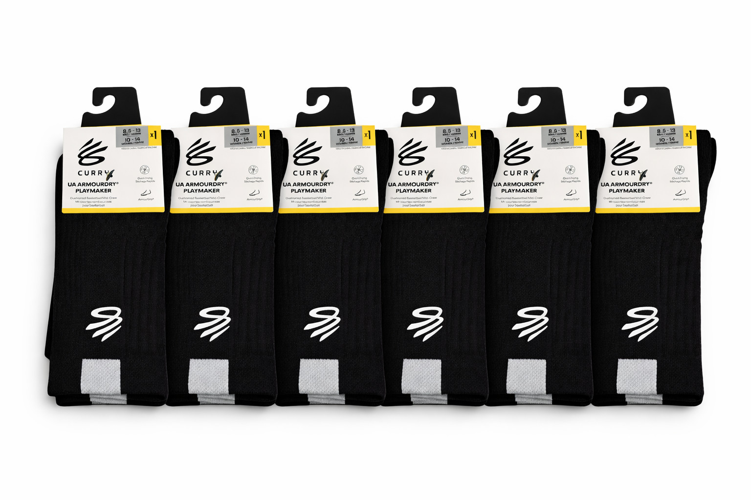 6-Pack Under Armour Curry Playmaker B-Ball Mid-Crew Socks —Black Sz 8.5-13/10-14