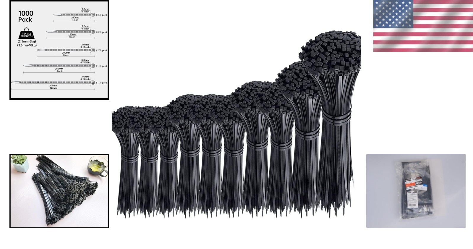 1000Pcs Heavy-Duty Black Zip Ties - Assorted Sizes for Ultimate Cable Management