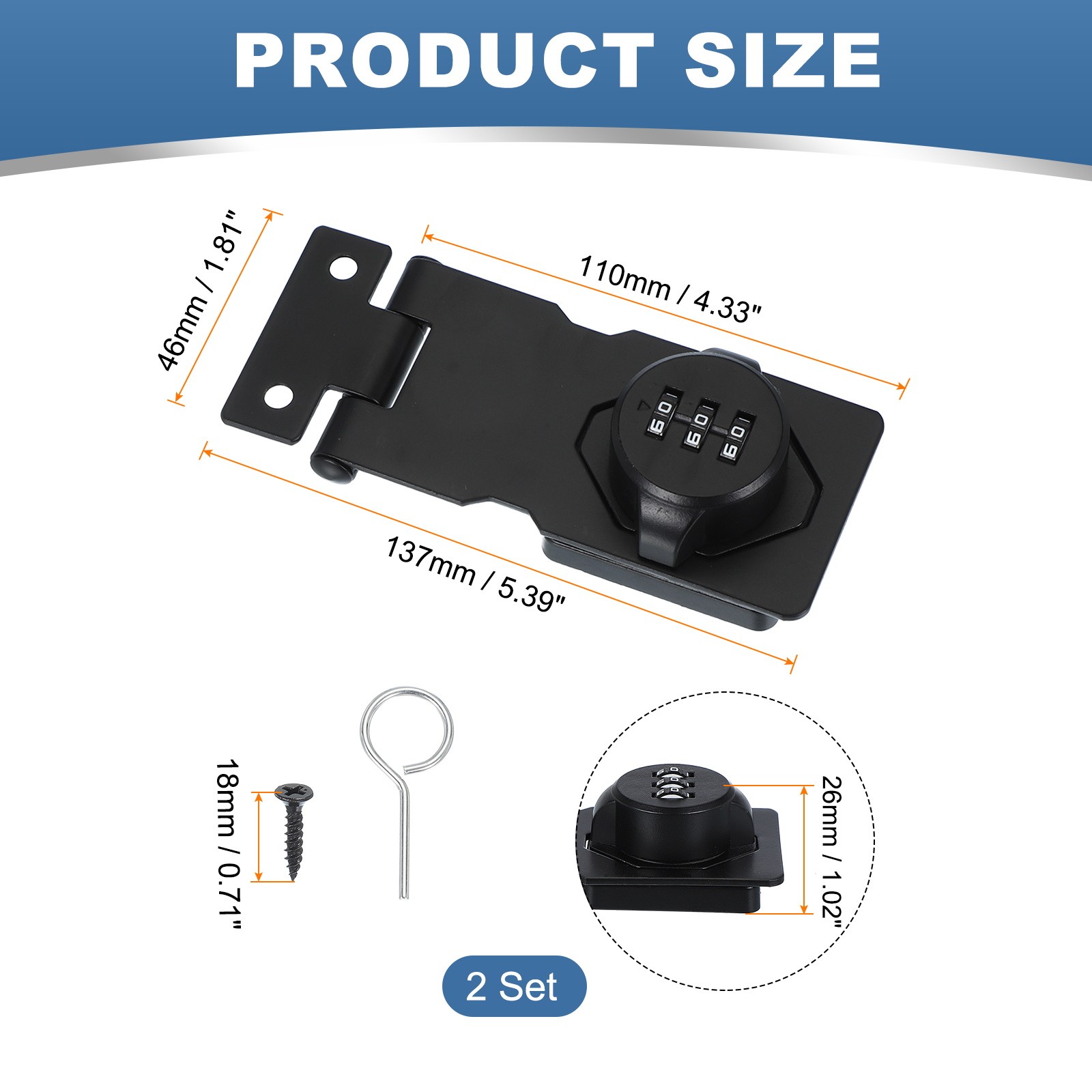 2 Pcs Password Rotary Hasp Locks Mechanical Cabinet Latch Locks 4.5" Black