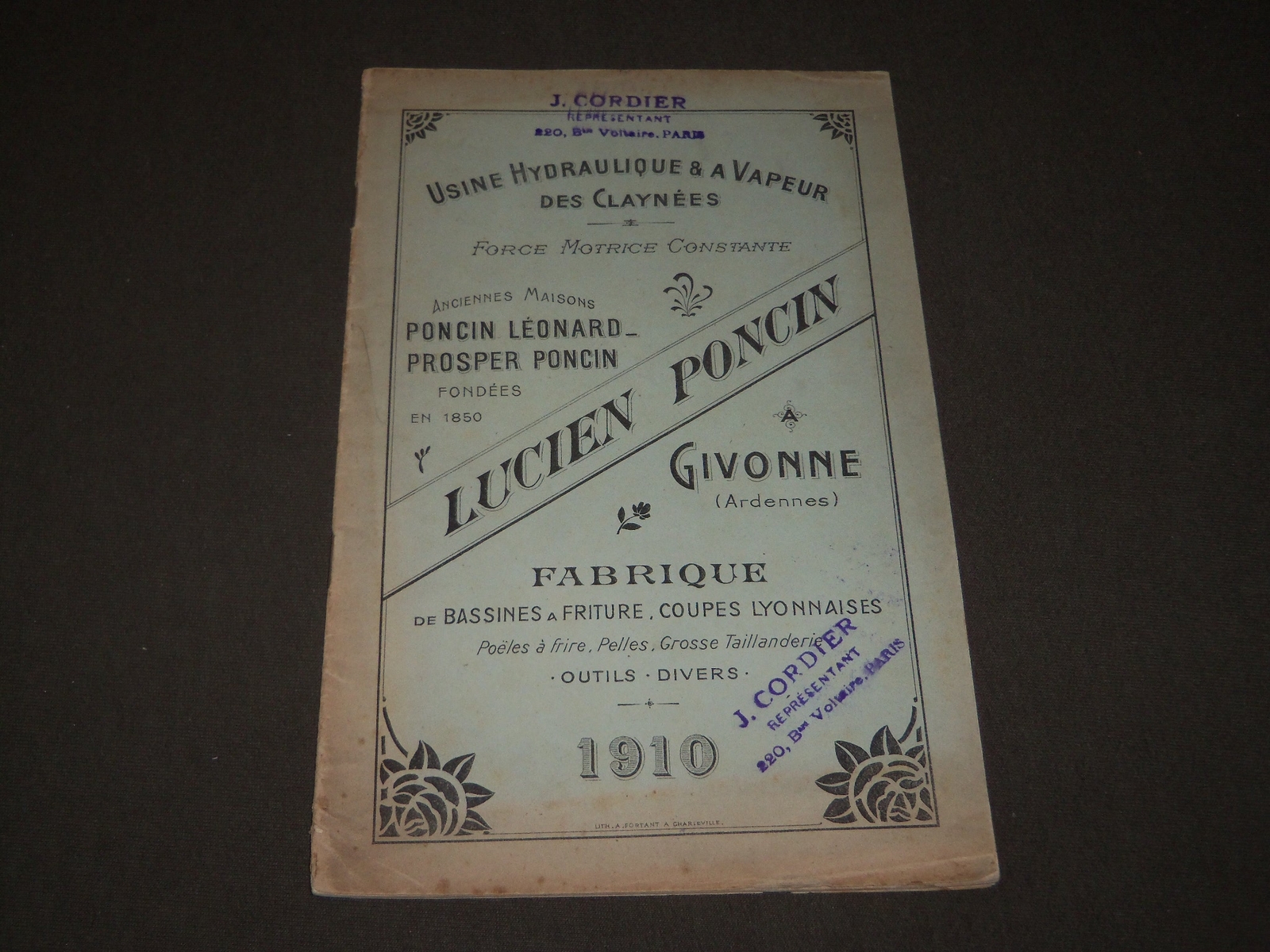 1910 LUCIEN PONCIN USINE HYDRAULIQUE DES CLAYNEES FRENCH CATALOGUE - FR 720