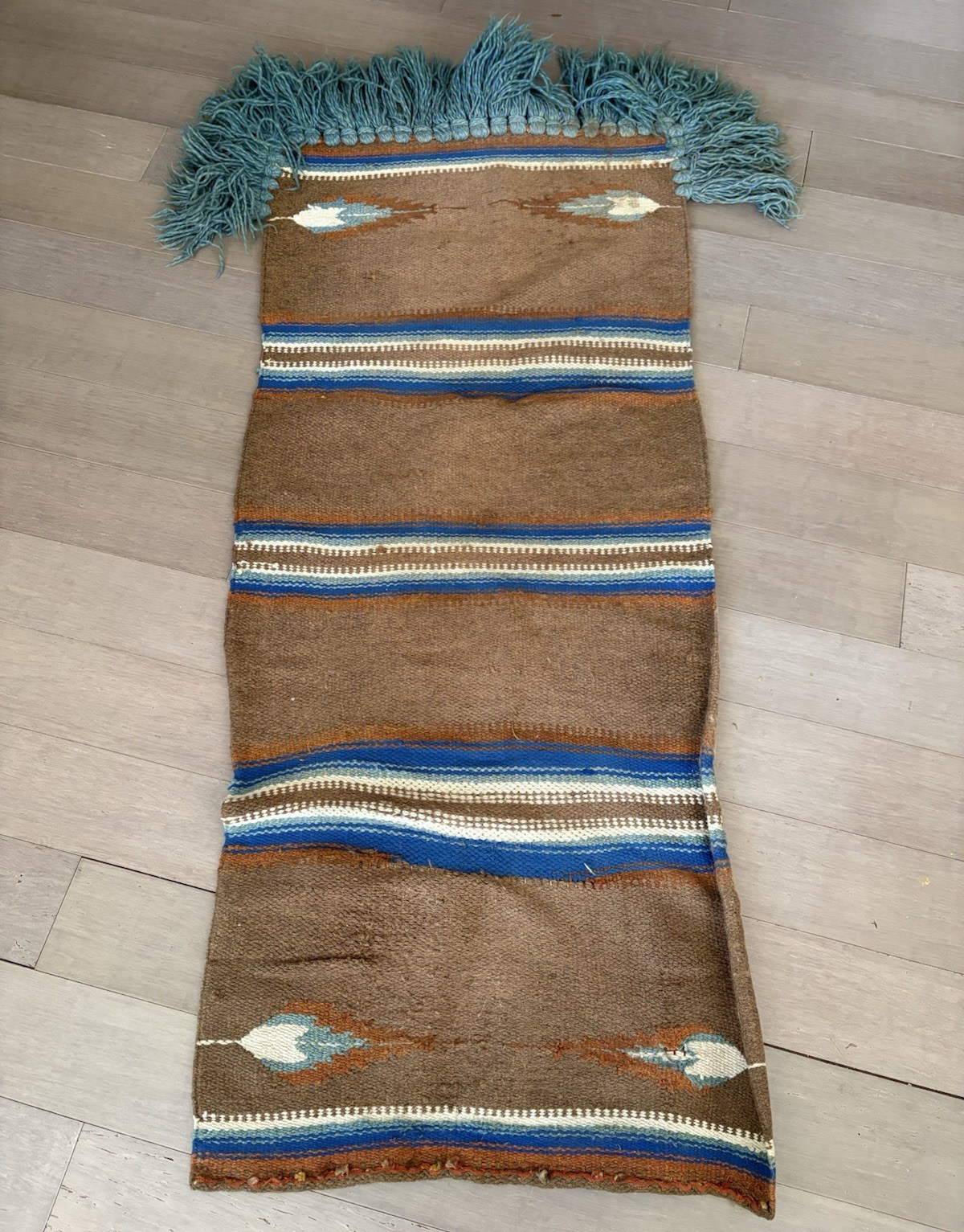 Vtg Aztec Woven Wool Horse Blanket Pad w/ Fringe 27.5"x64" Brown Blue Teal