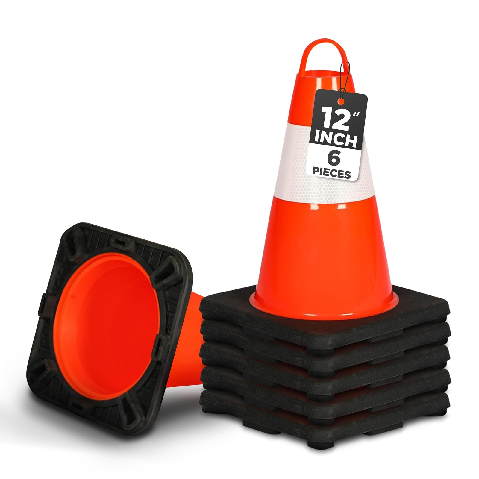 Pyle 12" Safety Traffic Cones, 6-Pack Orange Parking Cones w/Reflective Collars