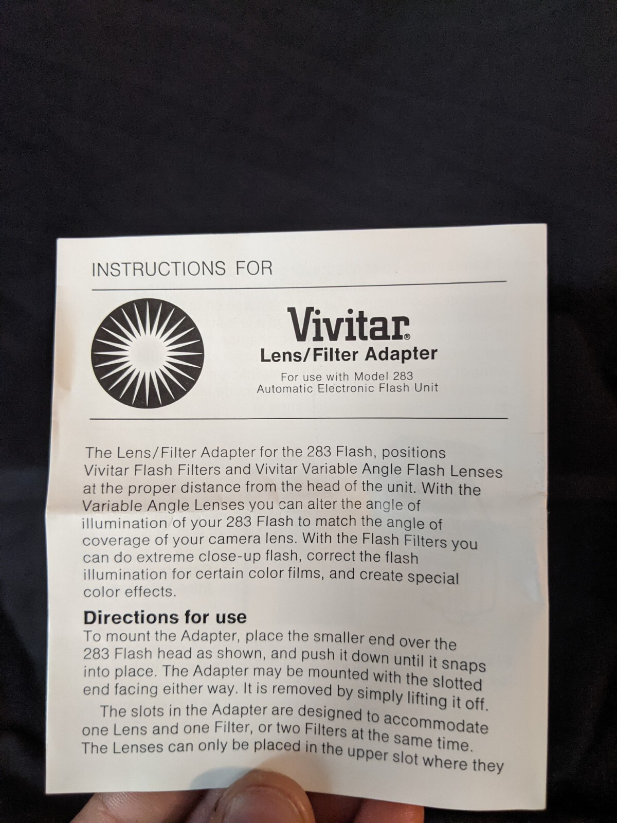 Vivitar Flash Filter Adapter For Model 283 In Original Box