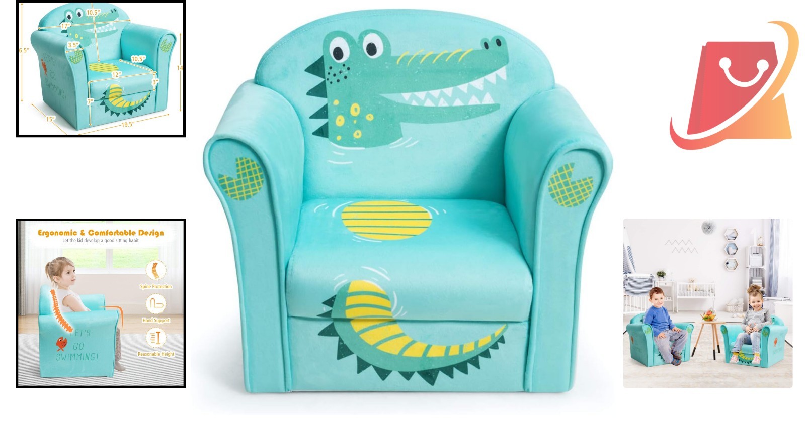 Kids Couch Children's Sofa Armrest Chair Toddler Furniture 15x20x17 Crocodile