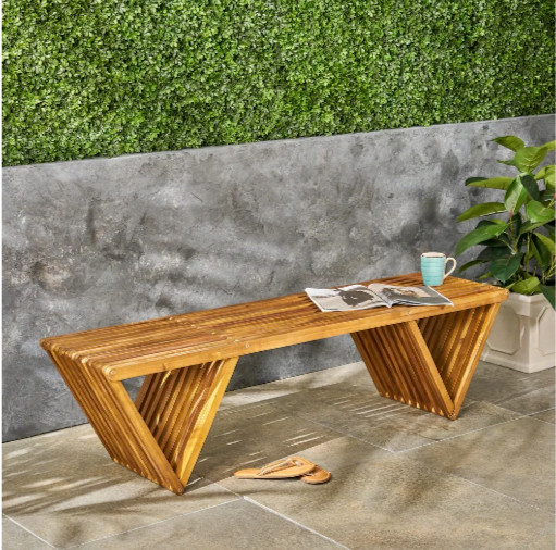 Outdoor Bench Acacia Wood Brown Finish Light And Legs Modern Teak Patio Porch
