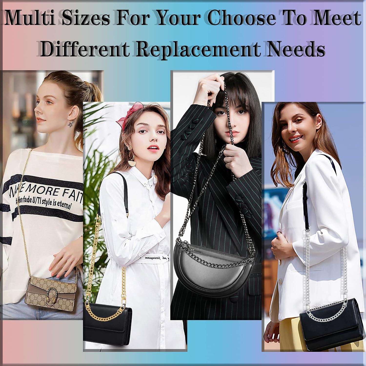4 Different Sizes Black Flat Purse Chain Strap | Chains with Metal Buckles Hook