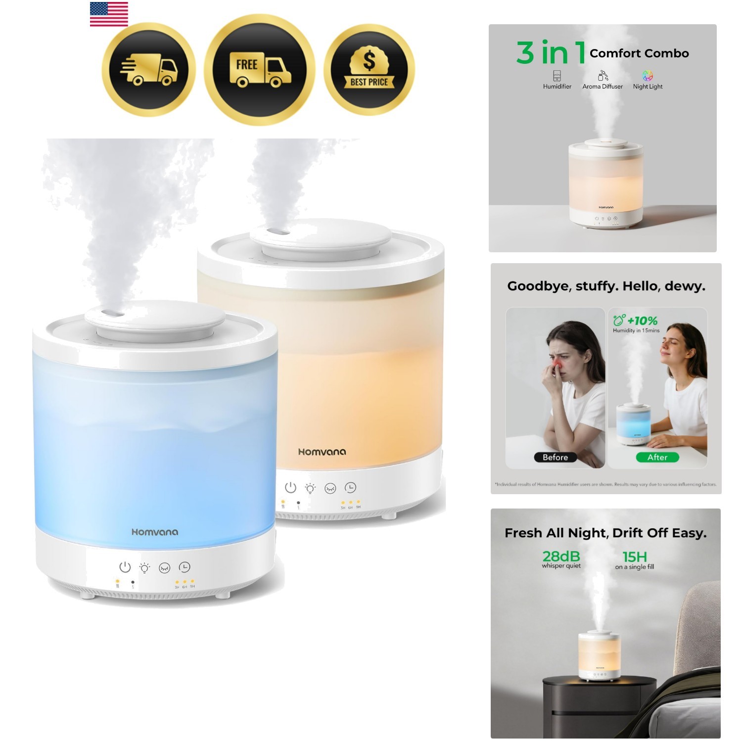Small Humidifiers for Bedroom - 2 Packs 1.5L Cool Mist Top Fill Humidifier fo...