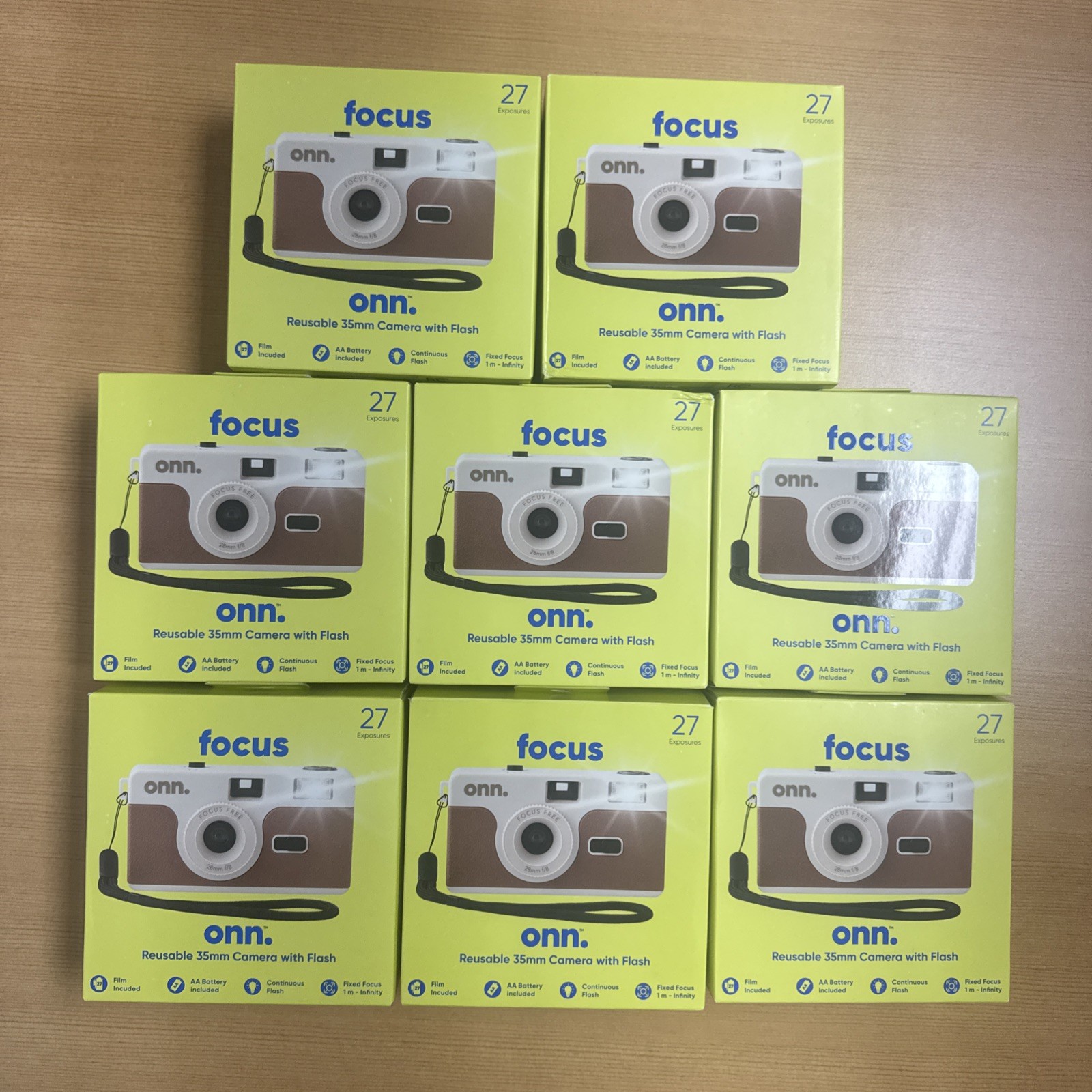 LOT OF 8 Onn Focus Reusable 35mm Camera with Flash + Film + Battery Included