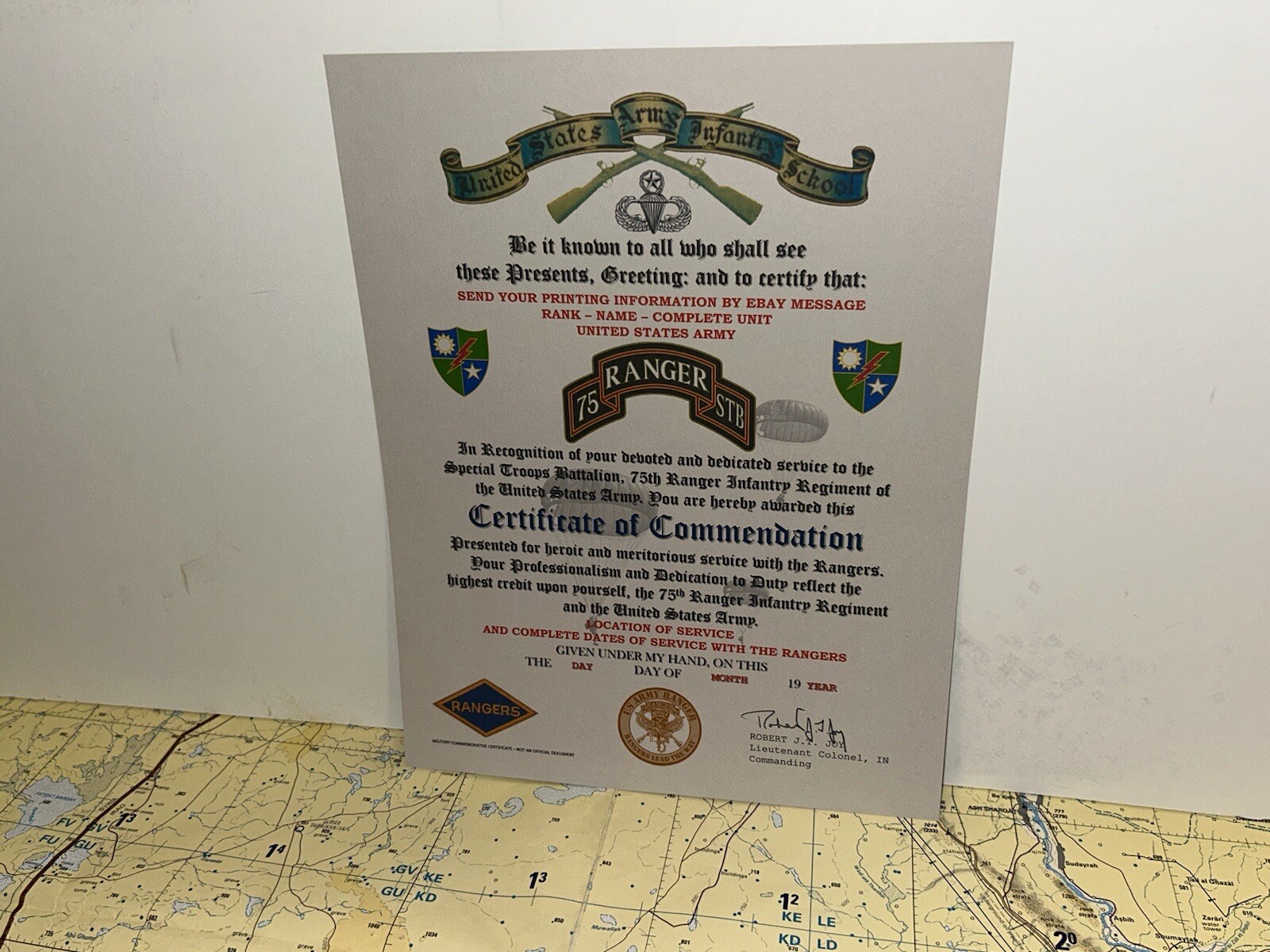 U.S. ARMY RANGER - 75TH REGIMENT - STB / CERTIFICATE OF COMMENDATION