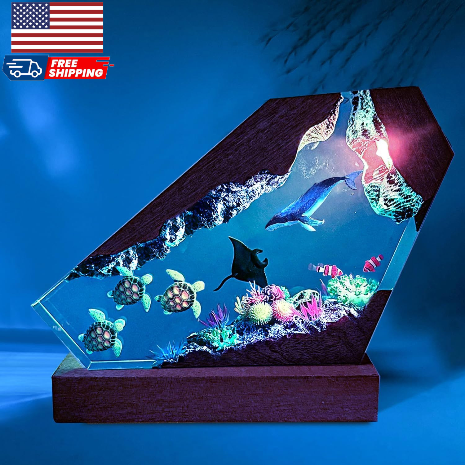 Humpback Whale Resin Ocean Lamp Handmade RGB Resin Night Light with Wooden