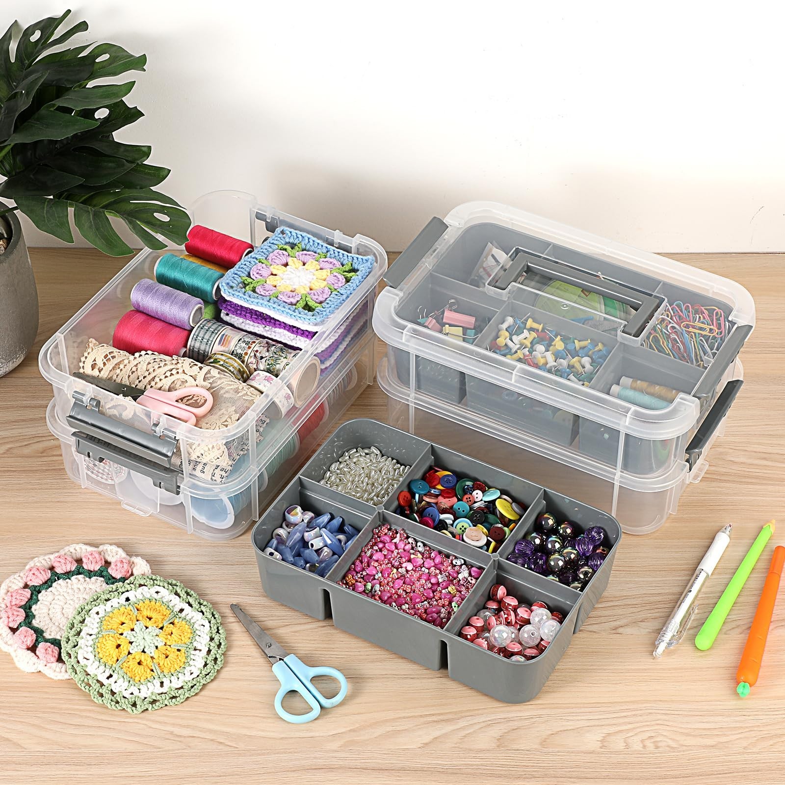 4-Tier Stackable Plastic Storage Bins with Lids & Handle - Clear Organizer for C