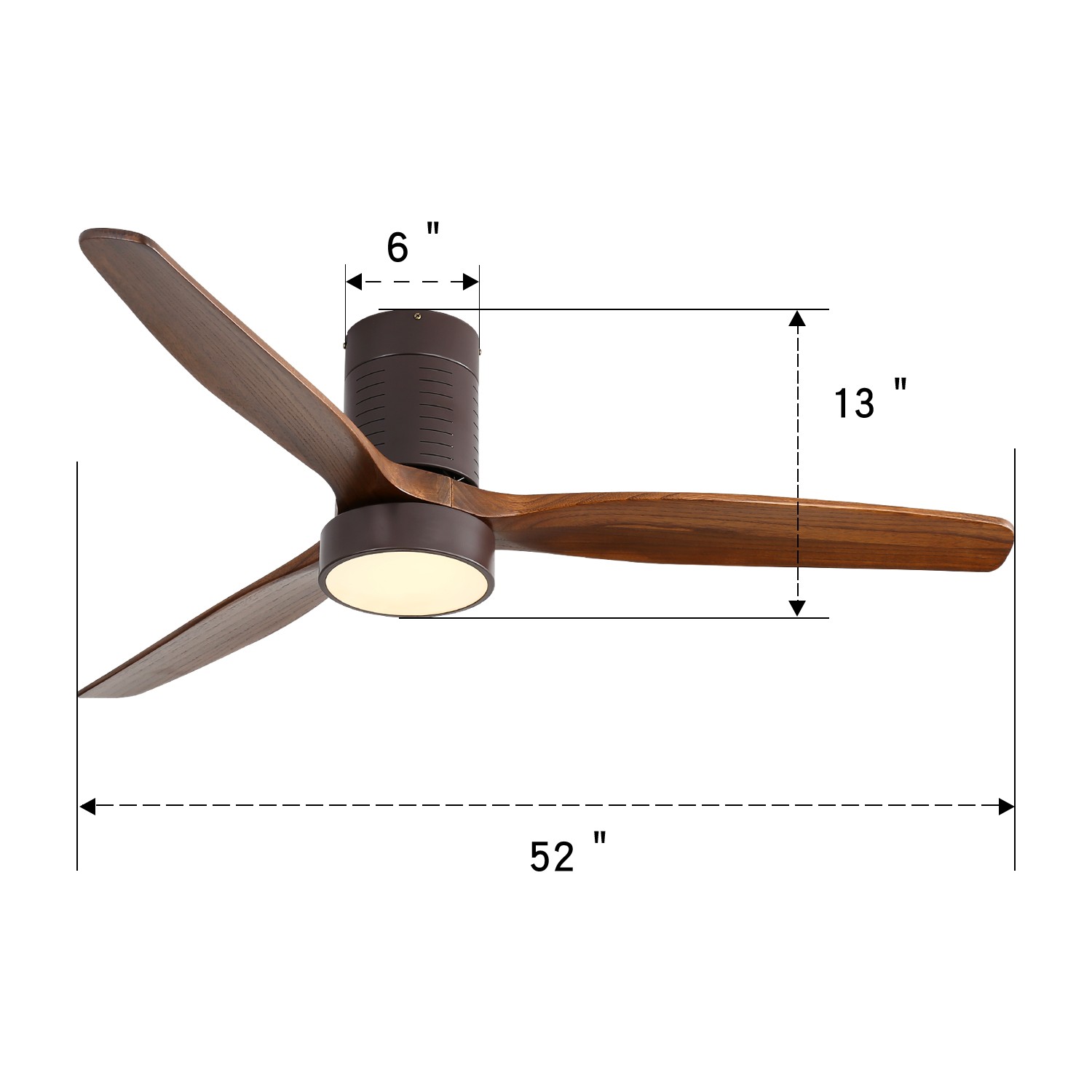 52"Flush Mount Ceiling Fan with LED Light and Remote Control Solid Wood Blades